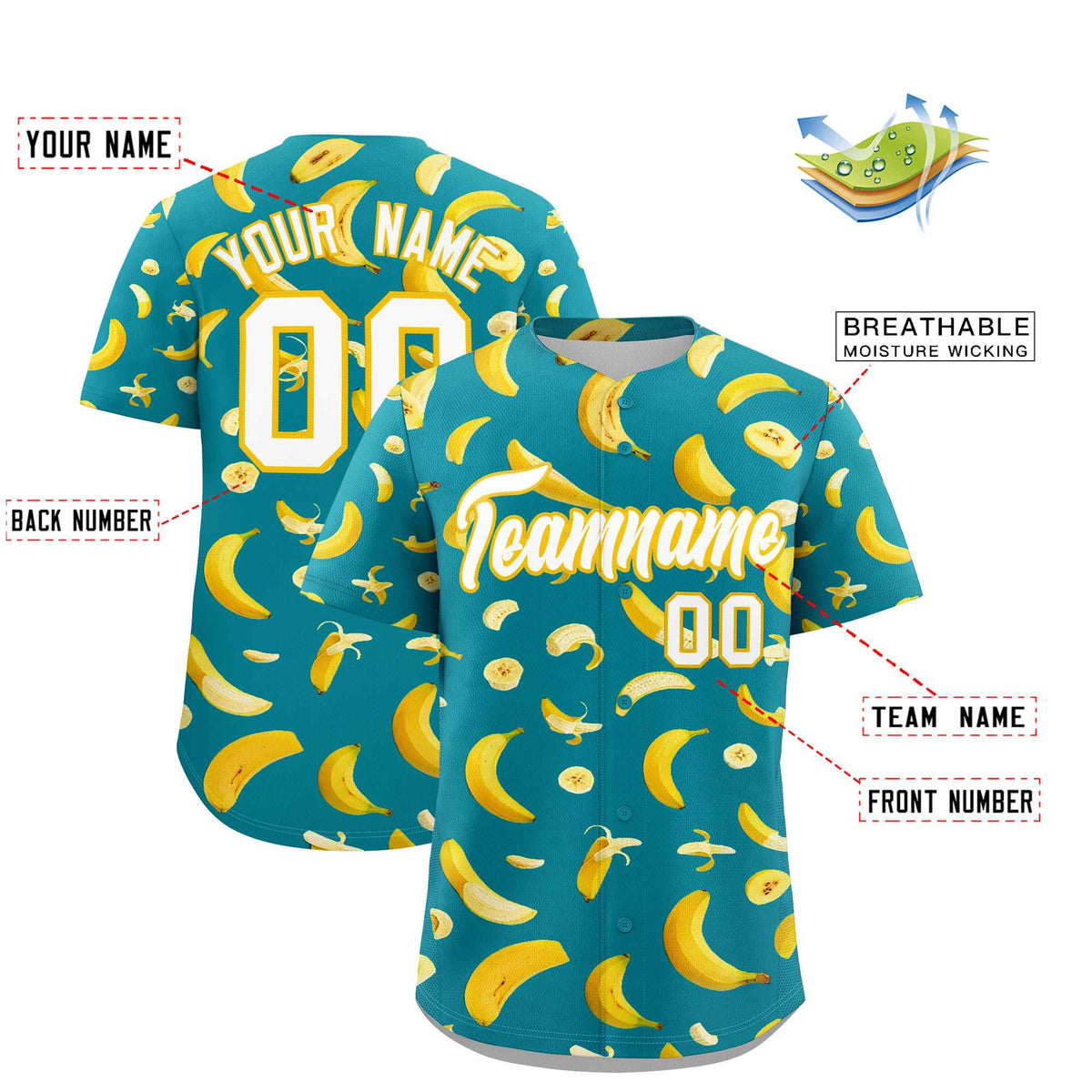 Custom Aqua Banana Graffiti Pattern Fashion Authentic Baseball Jersey | Graffiti Pattern | Embroidery&amp;Dye-sublimation printing | KXKSHOP