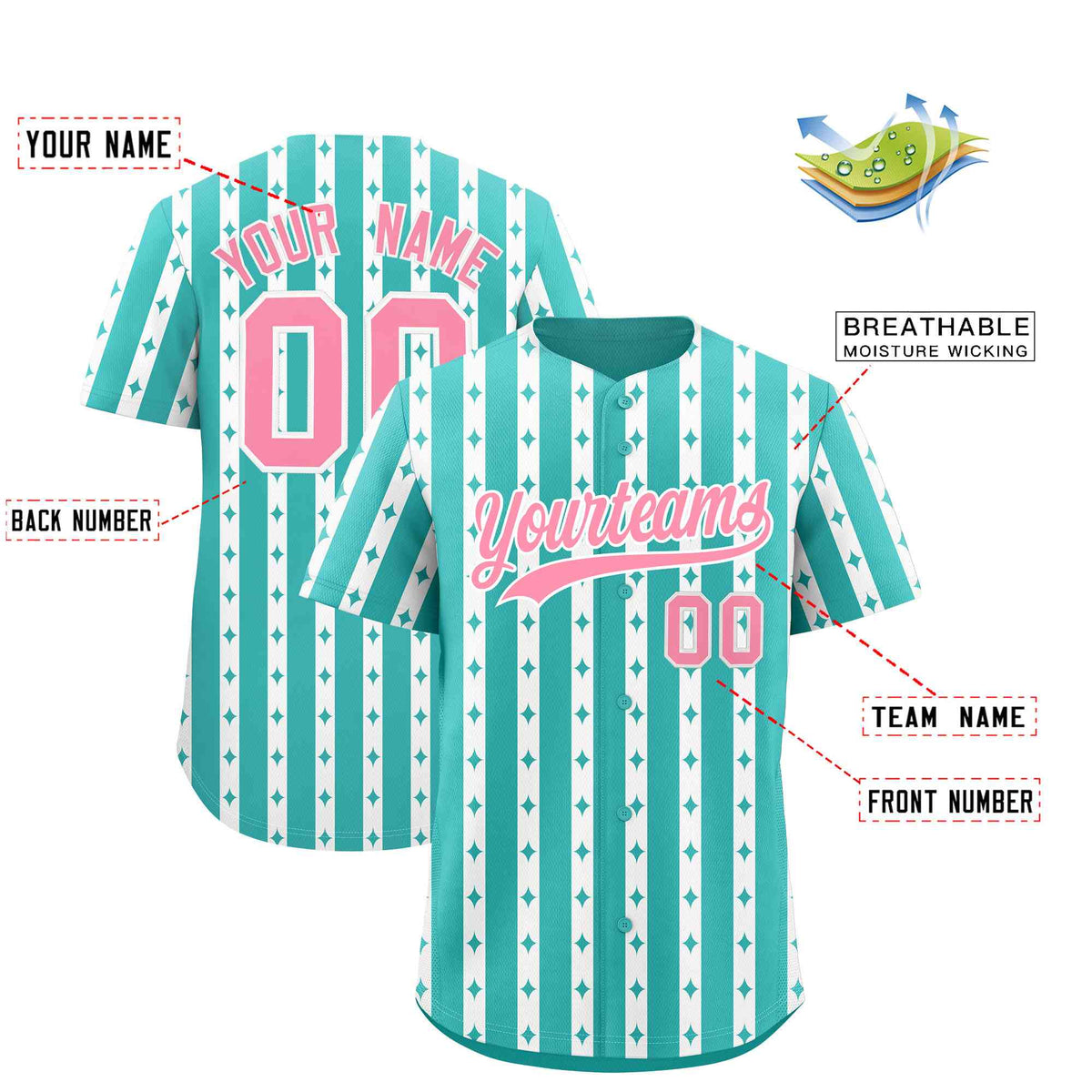 Custom Teal White Star Pattern Thick Stripes Baseball Jersey
