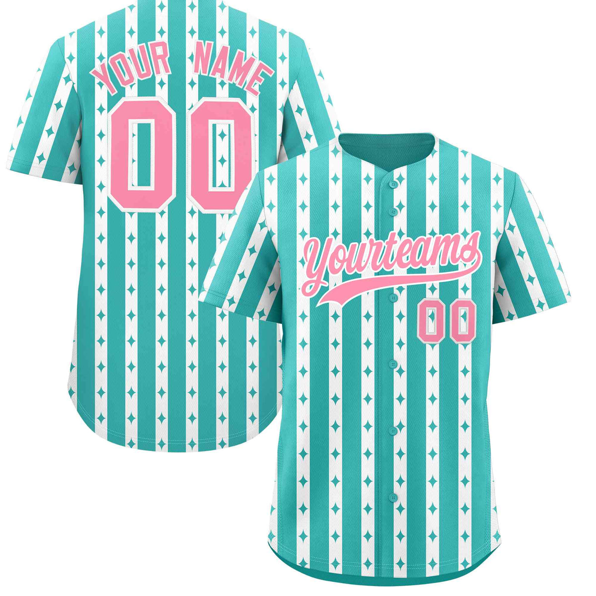 Custom Teal White Star Pattern Thick Stripes Baseball Jersey