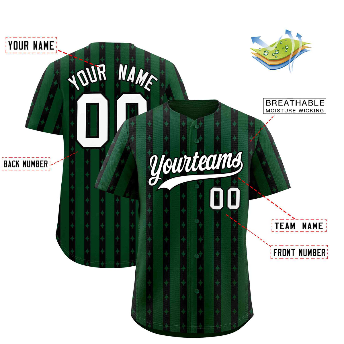 Custom Green Black Star Pattern Thick Stripes Baseball Jersey