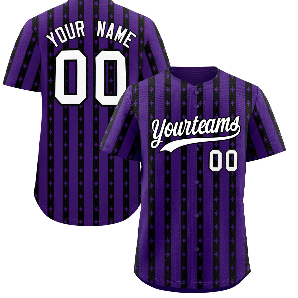 Custom Purple Black Star Pattern Thick Stripes Baseball Jersey