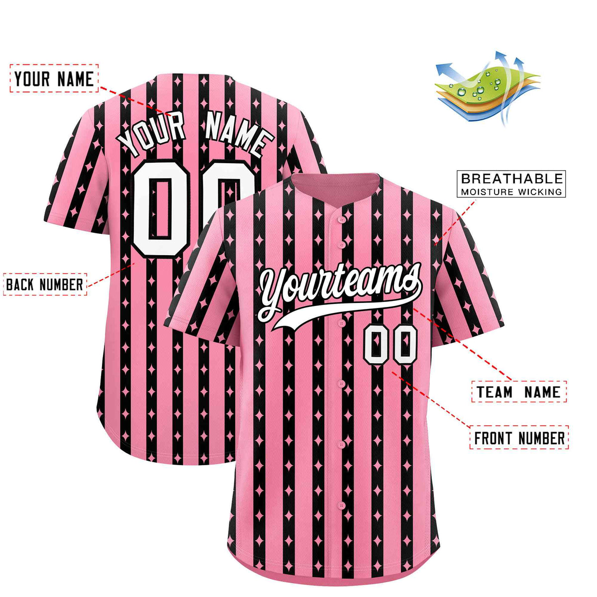 Custom Light Pink Black Star Pattern Thick Stripes Baseball Jersey