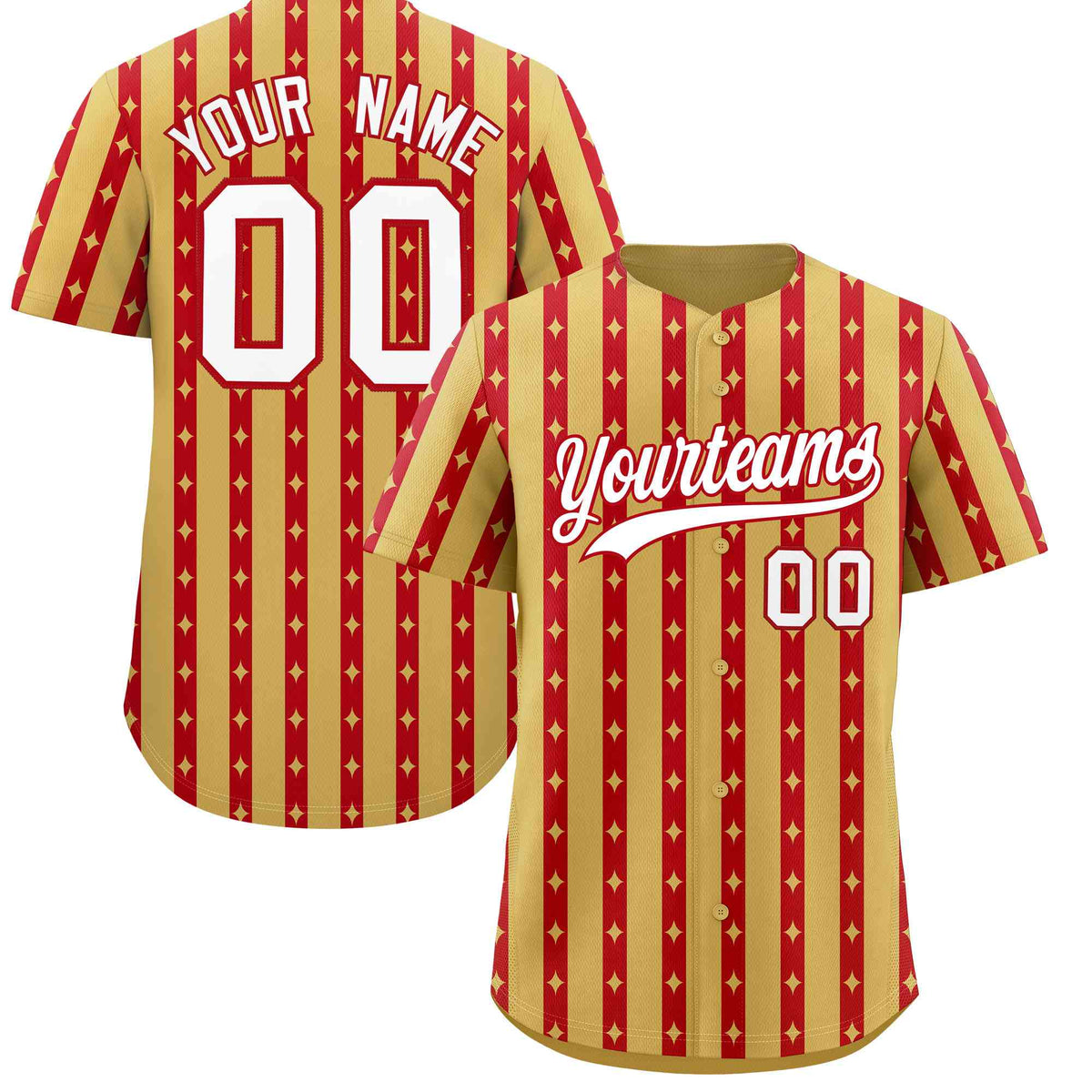 Custom Old Gold Red Star Pattern Thick Stripes Baseball Jersey