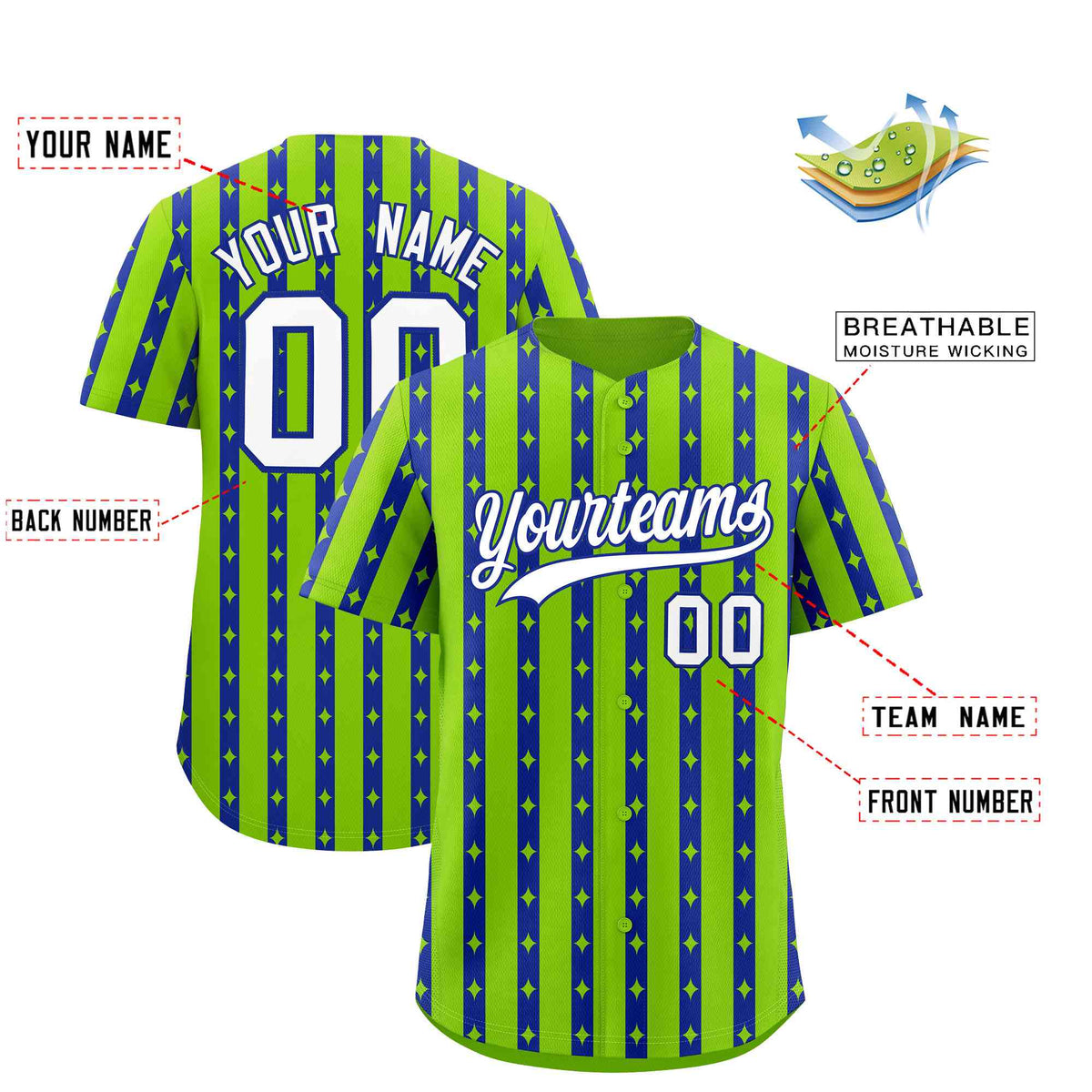 Custom Neon Green Royal Blue Star Pattern Thick Stripes Baseball Jersey