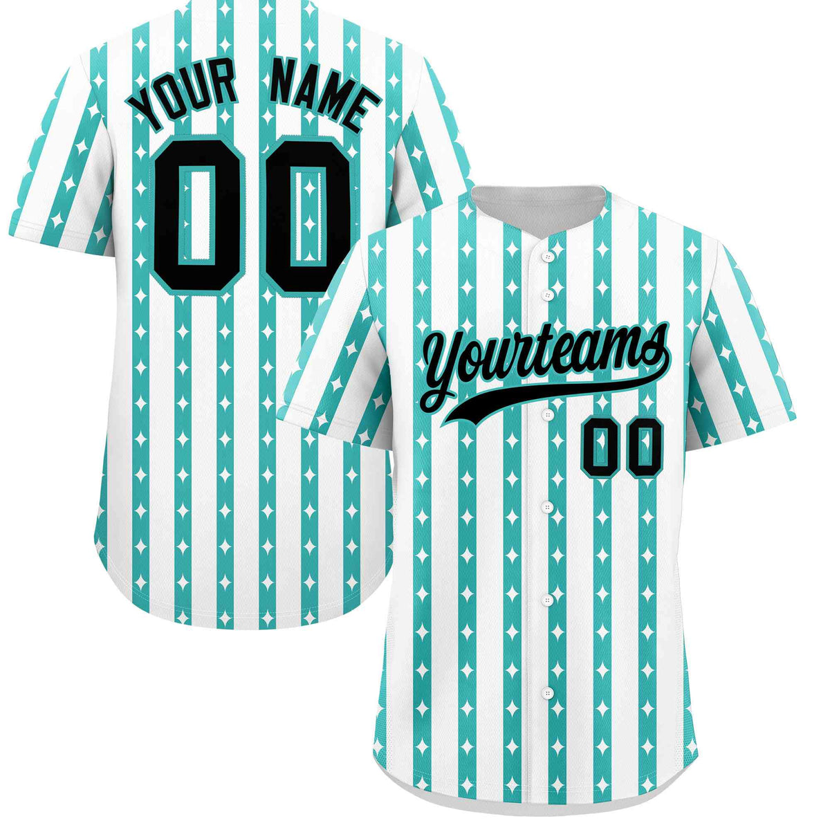 Custom White Teal Star Pattern Thick Stripes Baseball Jersey