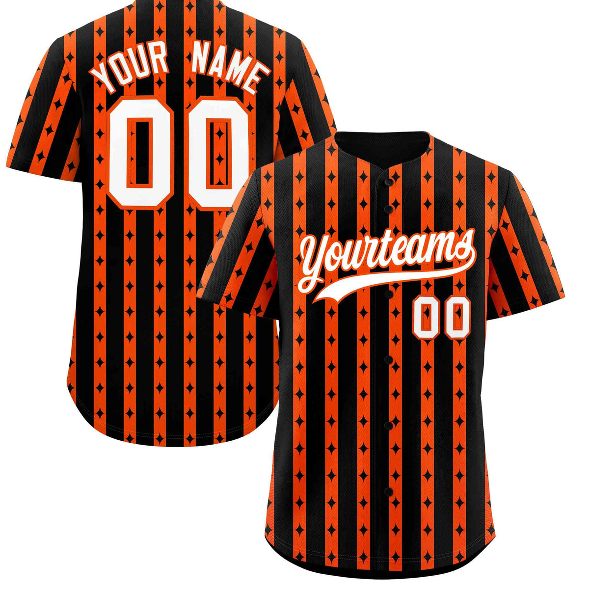 Custom Black Orange Star Pattern Thick Stripes Baseball Jersey