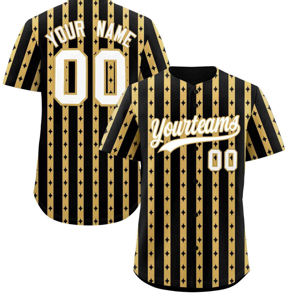 Custom Black Old Gold Star Pattern Thick Stripes Baseball Jersey