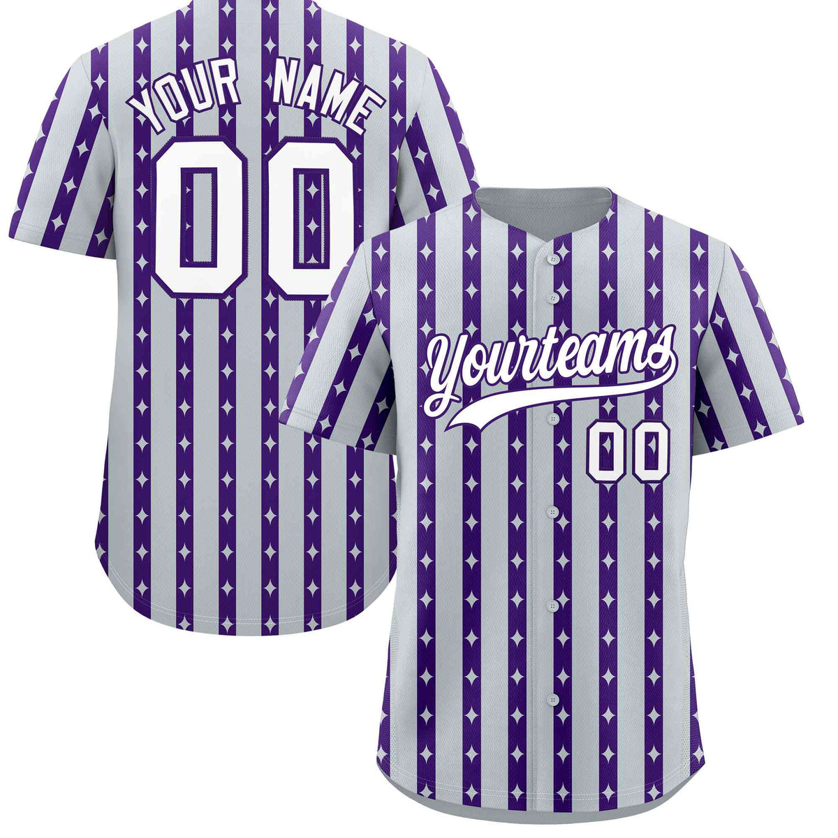 Custom Silver Purple Star Pattern Thick Stripes Baseball Jersey