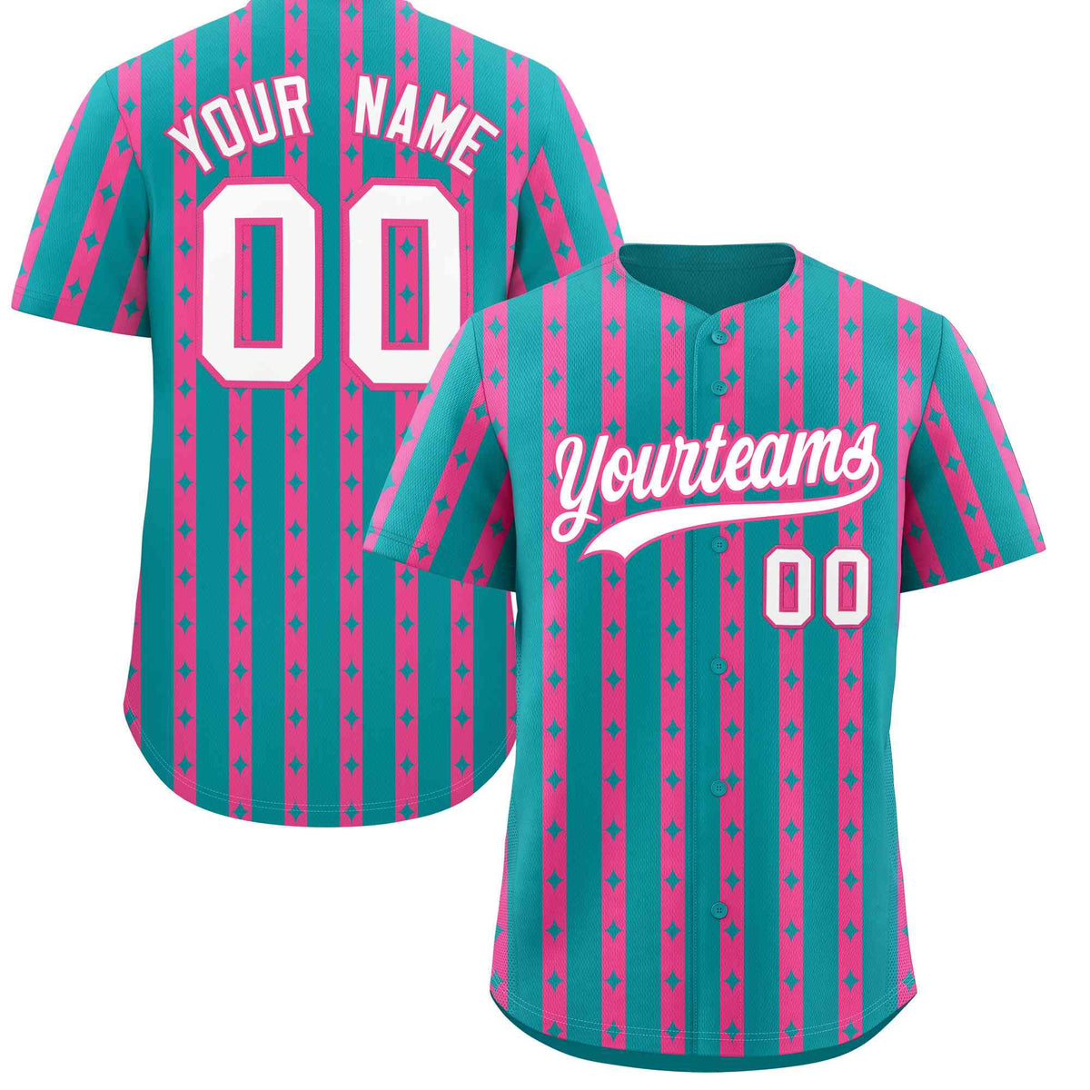 Custom Aqua Pink Star Pattern Thick Stripes Baseball Jersey