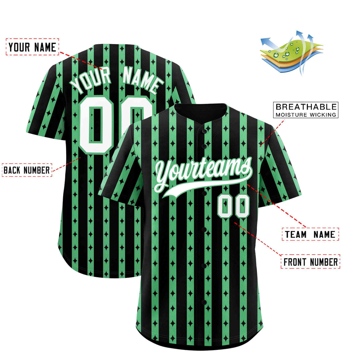 Custom Black Neon Green Star Pattern Thick Stripes Baseball Jersey