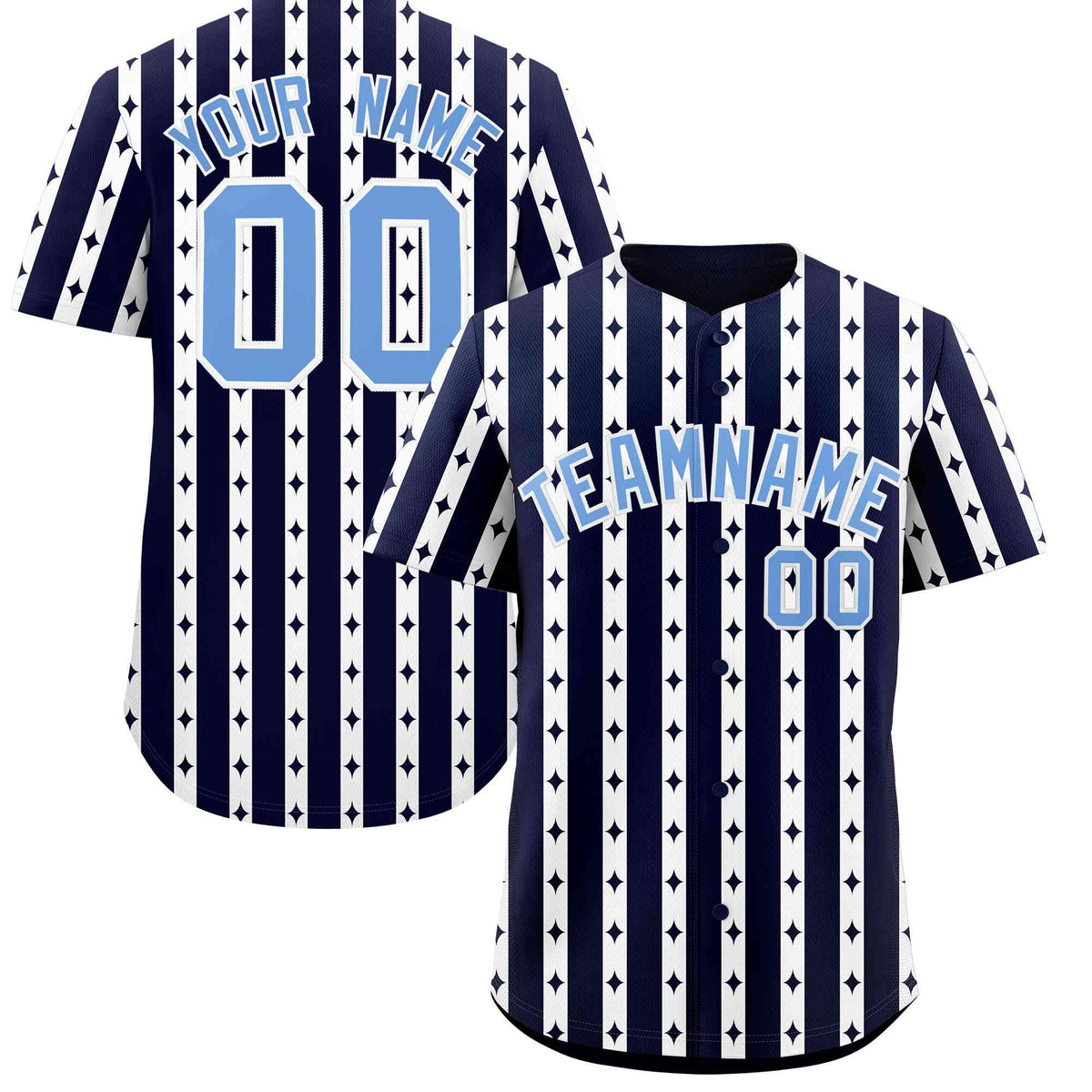 Custom Navy White Star Pattern Thick Stripes Baseball Jersey