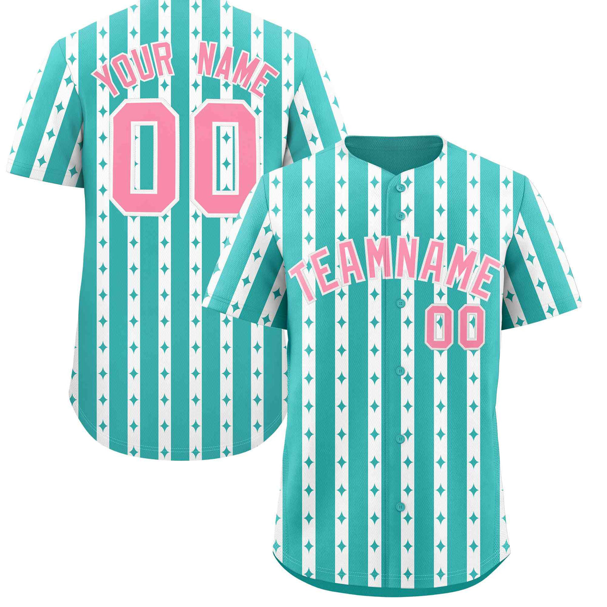 Custom Teal White Star Pattern Thick Stripes Baseball Jersey