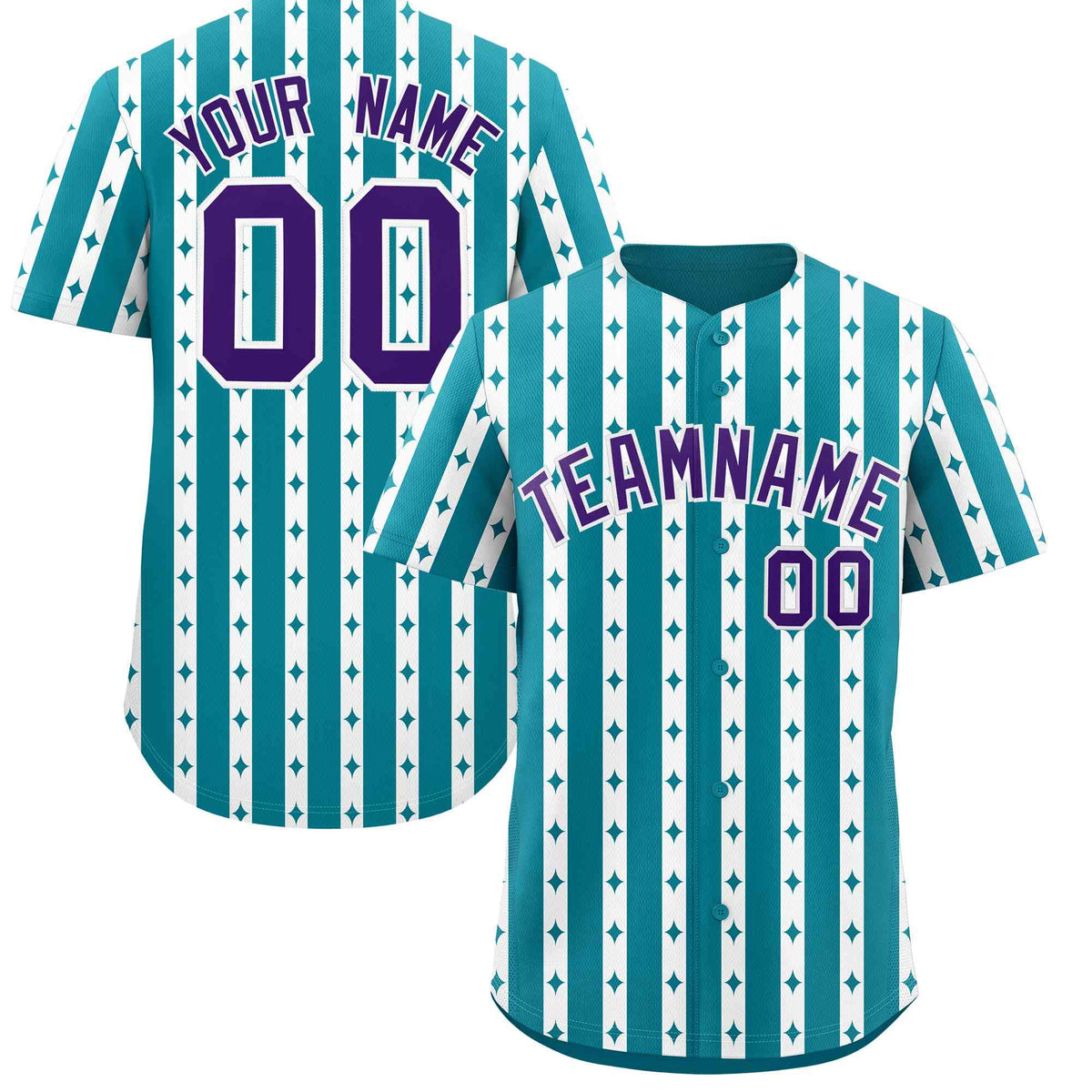 Custom Teal White Star Pattern Thick Stripes Baseball Jersey
