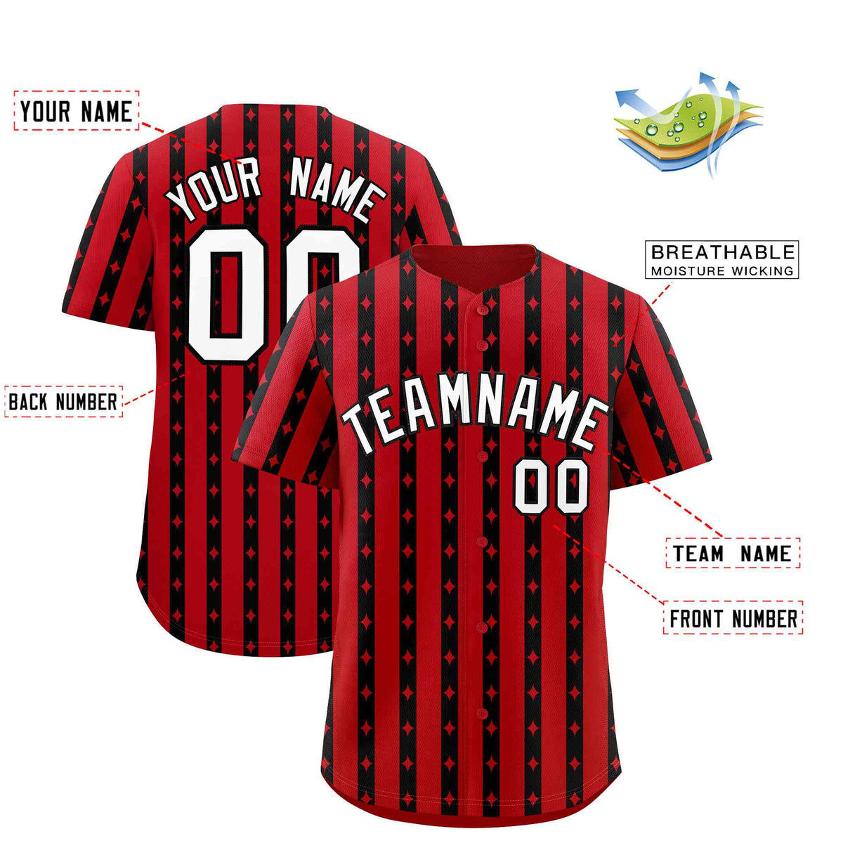 Custom Red Black Star Pattern Thick Stripes Baseball Jersey