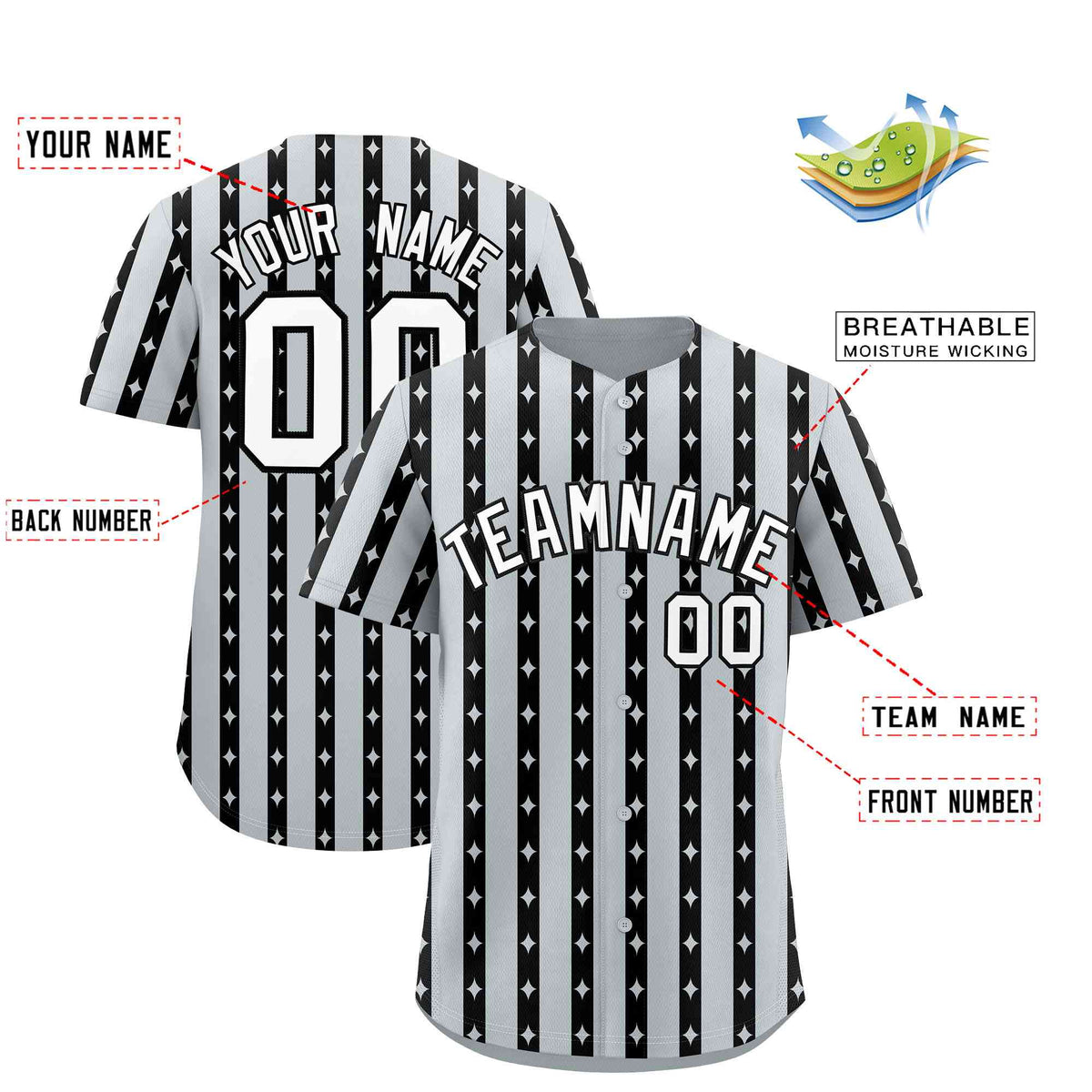 Custom Silver Black Star Pattern Thick Stripes Baseball Jersey