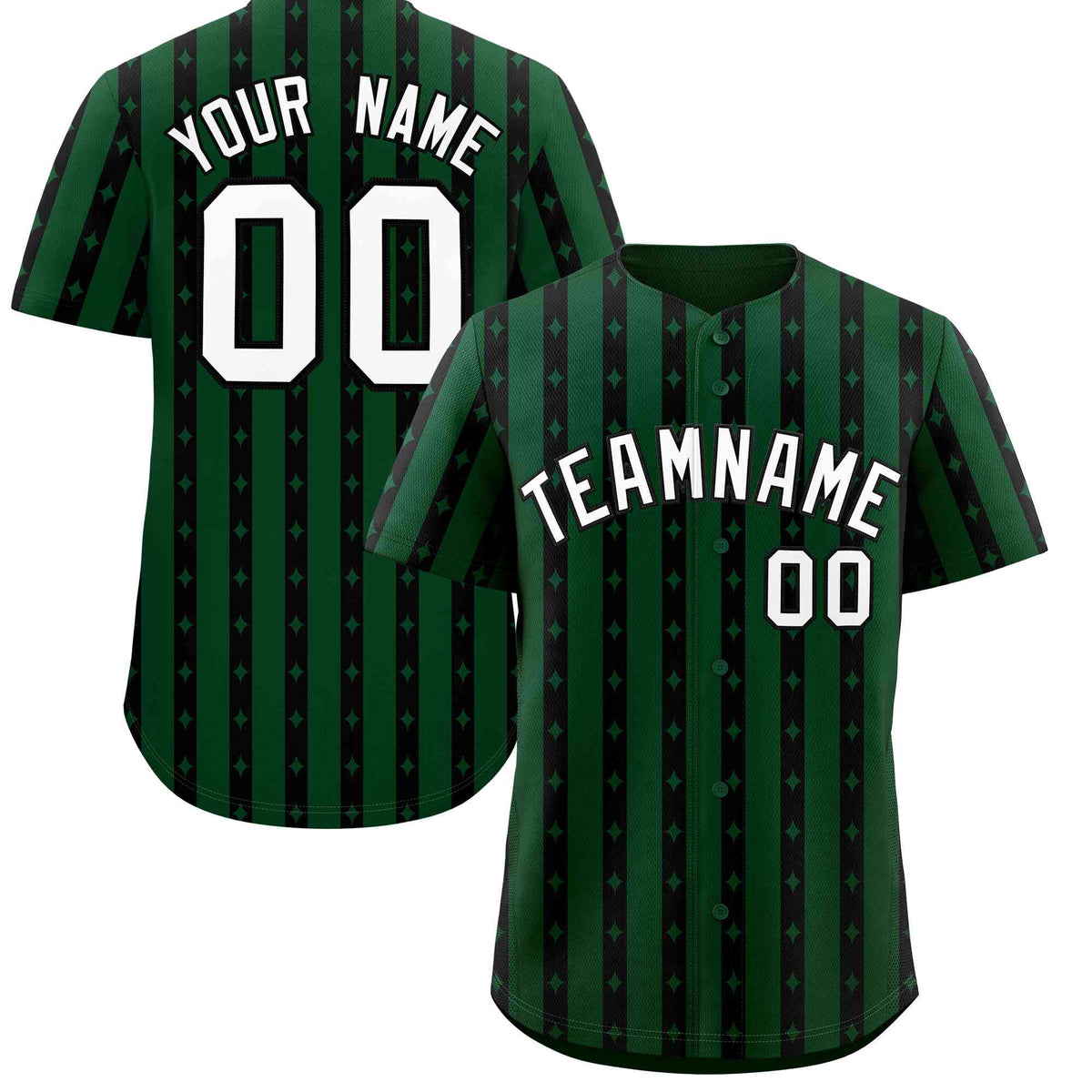Custom Green Black Star Pattern Thick Stripes Baseball Jersey