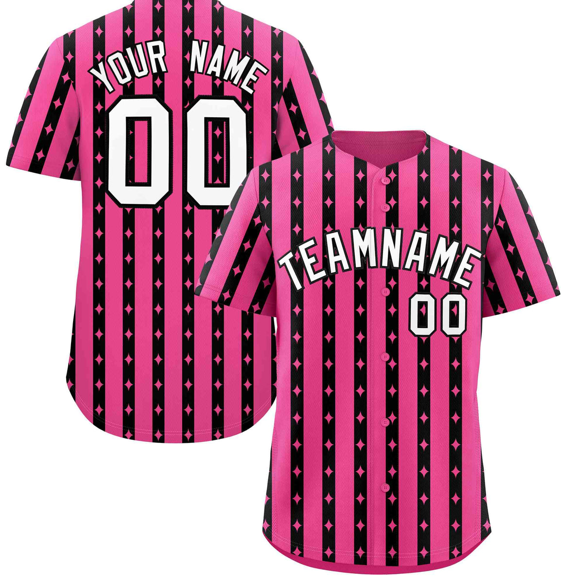 Custom Pink Black Star Pattern Thick Stripes Baseball Jersey
