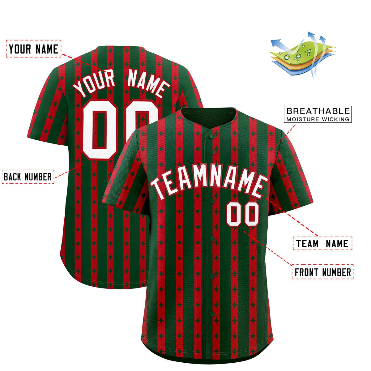 Custom Green Red Star Pattern Thick Stripes Baseball Jersey