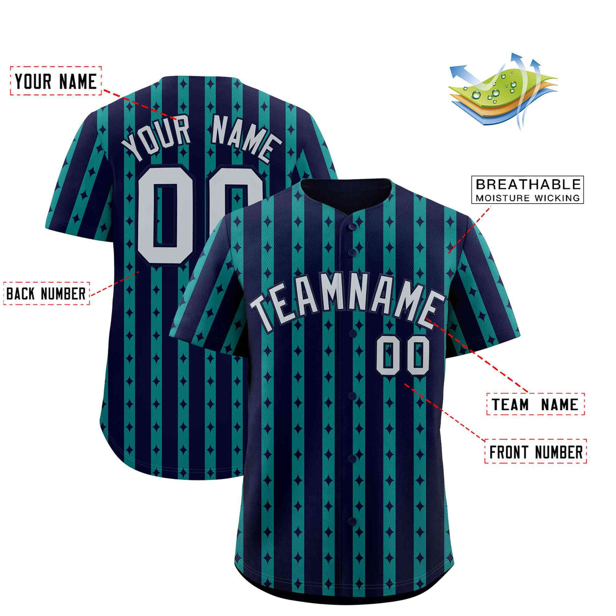 Custom Navy Teal Star Pattern Thick Stripes Baseball Jersey