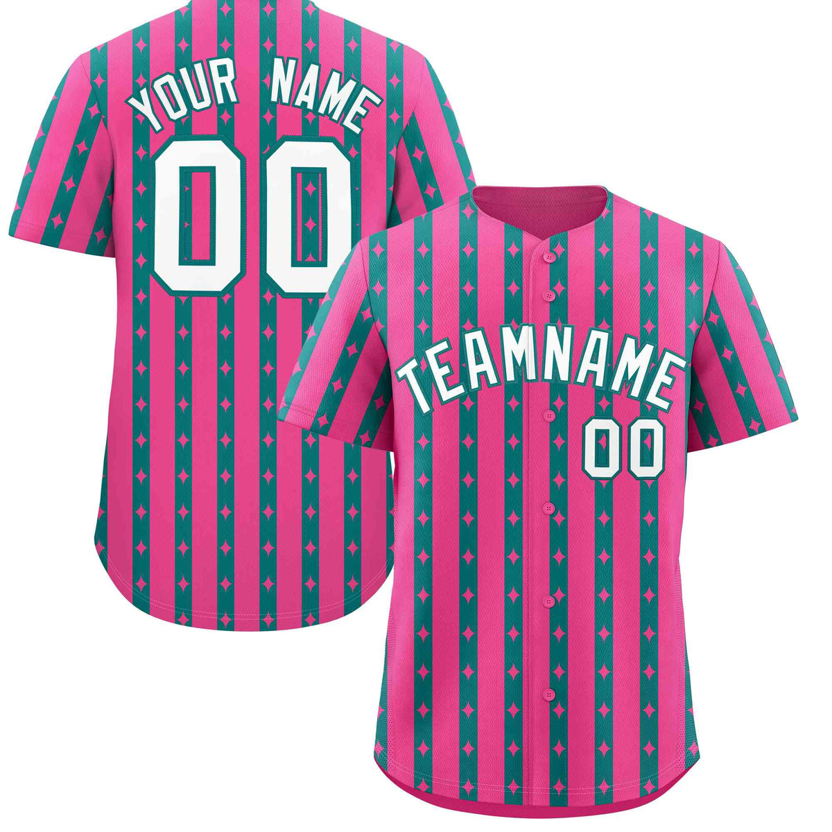 Custom Pink Teal Star Pattern Thick Stripes Baseball Jersey