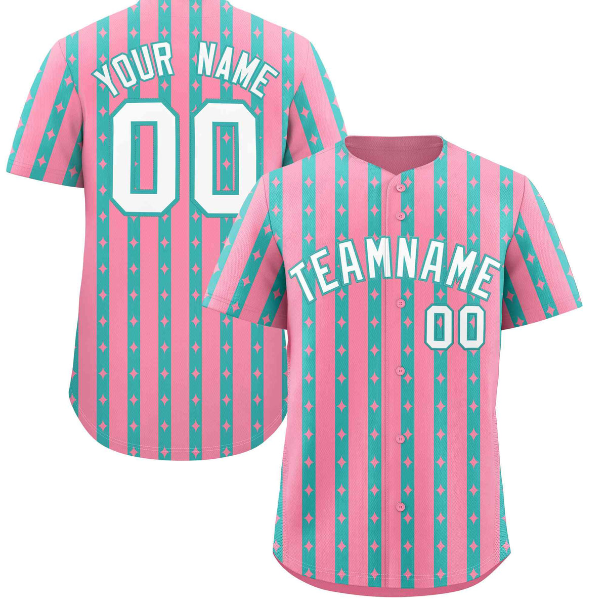 Custom Light Pink Teal Star Pattern Thick Stripes Baseball Jersey