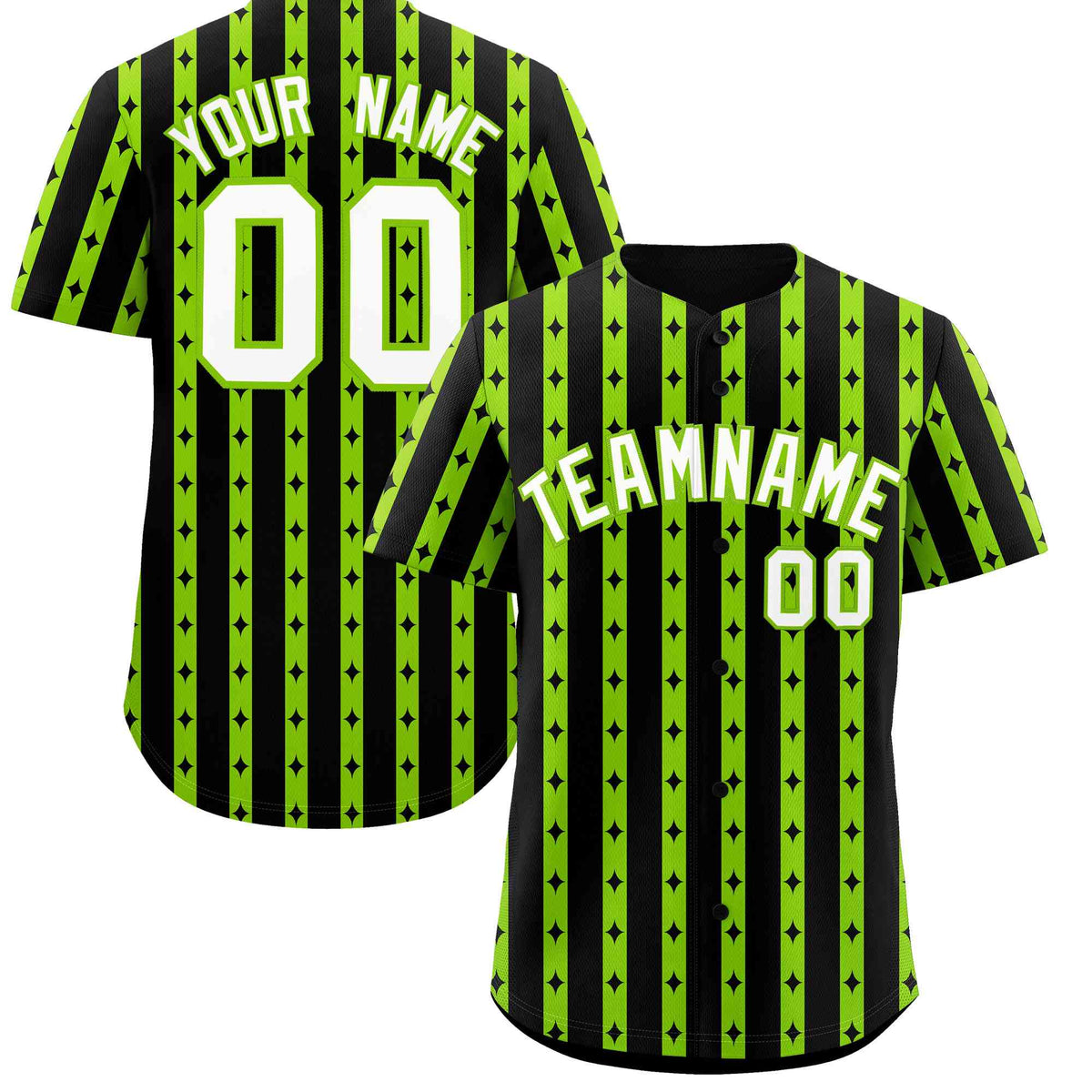 Custom Black Neon Green Star Pattern Thick Stripes Baseball Jersey