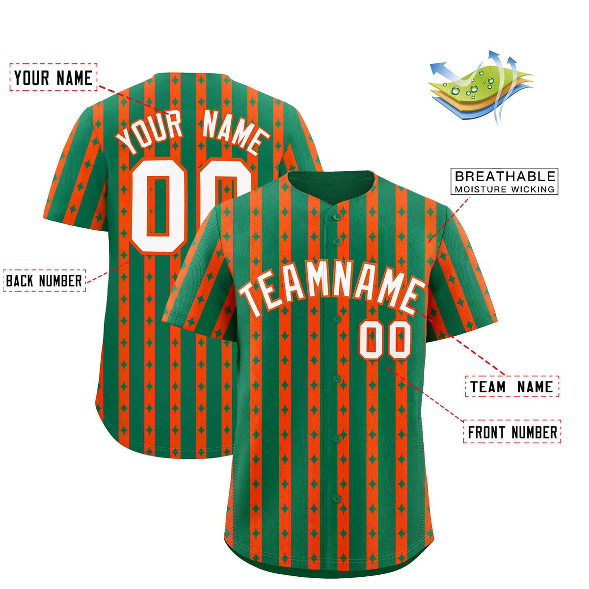 Custom Kelly Green Orange Star Pattern Thick Stripes Baseball Jersey