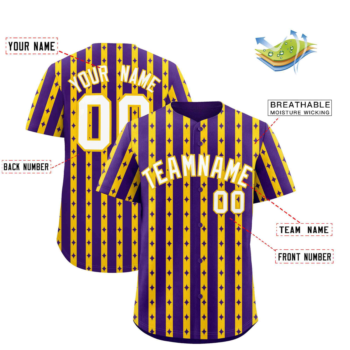 Custom Purple Gold Star Pattern Thick Stripes Baseball Jersey