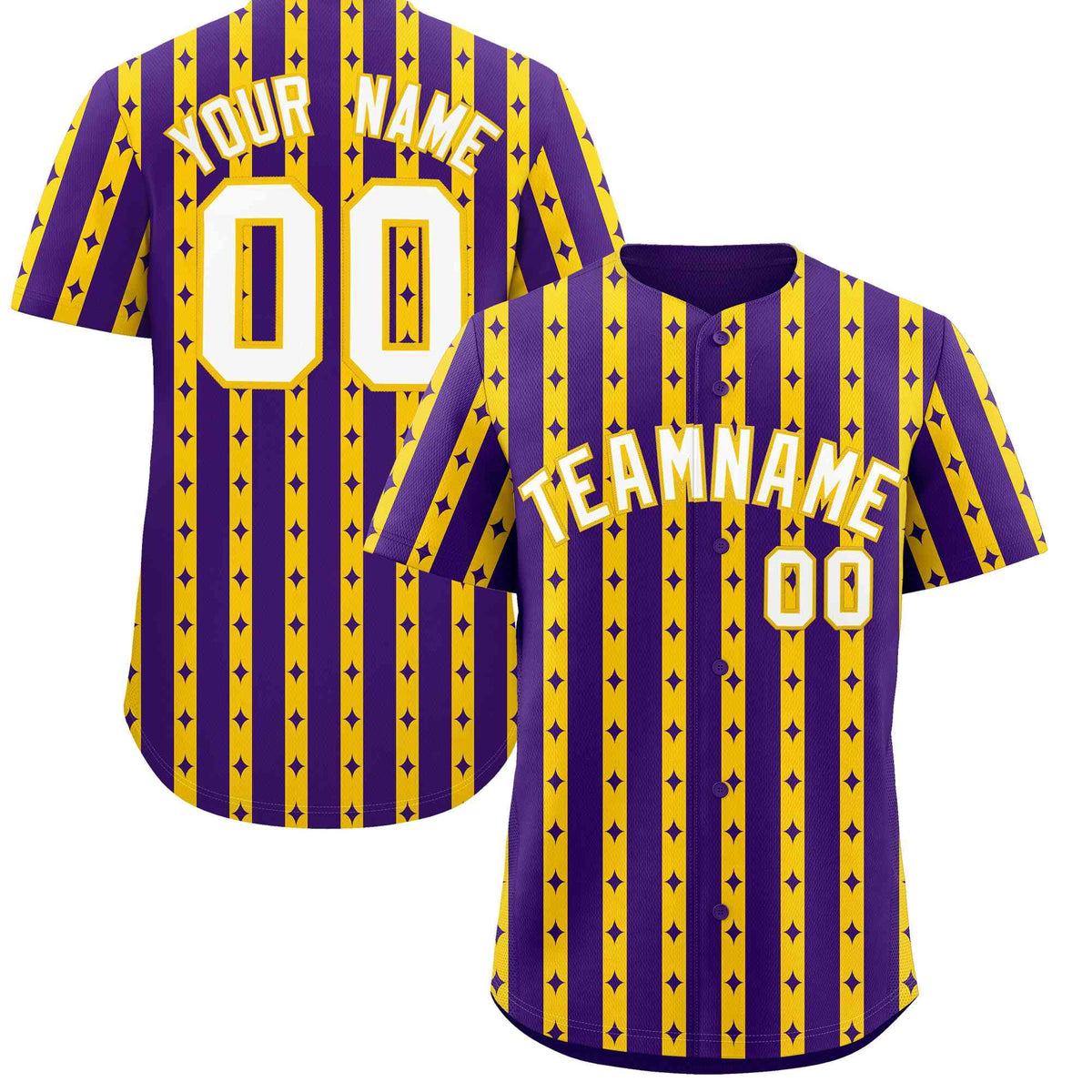Custom Purple Gold Star Pattern Thick Stripes Baseball Jersey