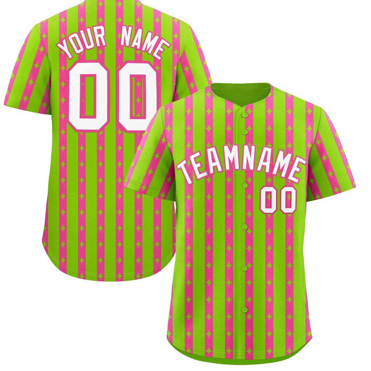 Custom Neon Green Pink Star Pattern Thick Stripes Baseball Jersey