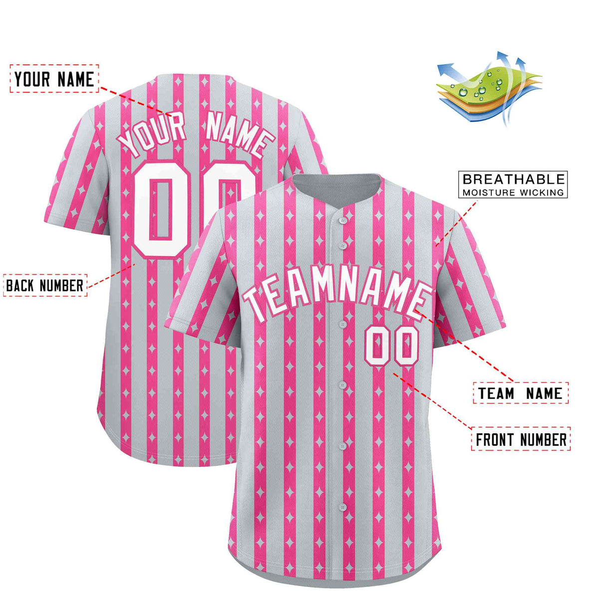 Custom Silver Pink Star Pattern Thick Stripes Baseball Jersey