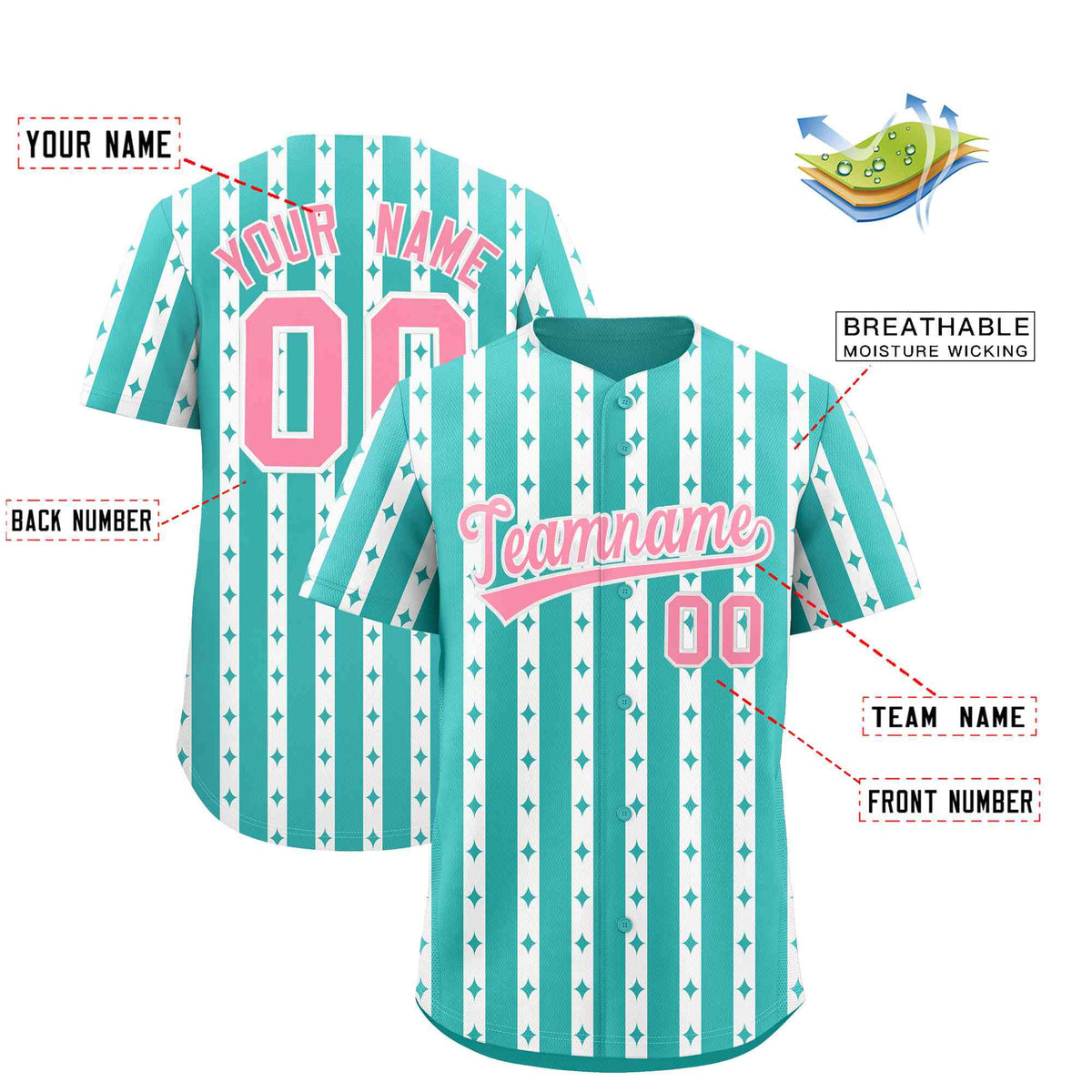 Custom Teal White Star Pattern Thick Stripes Baseball Jersey| KXKSHOP