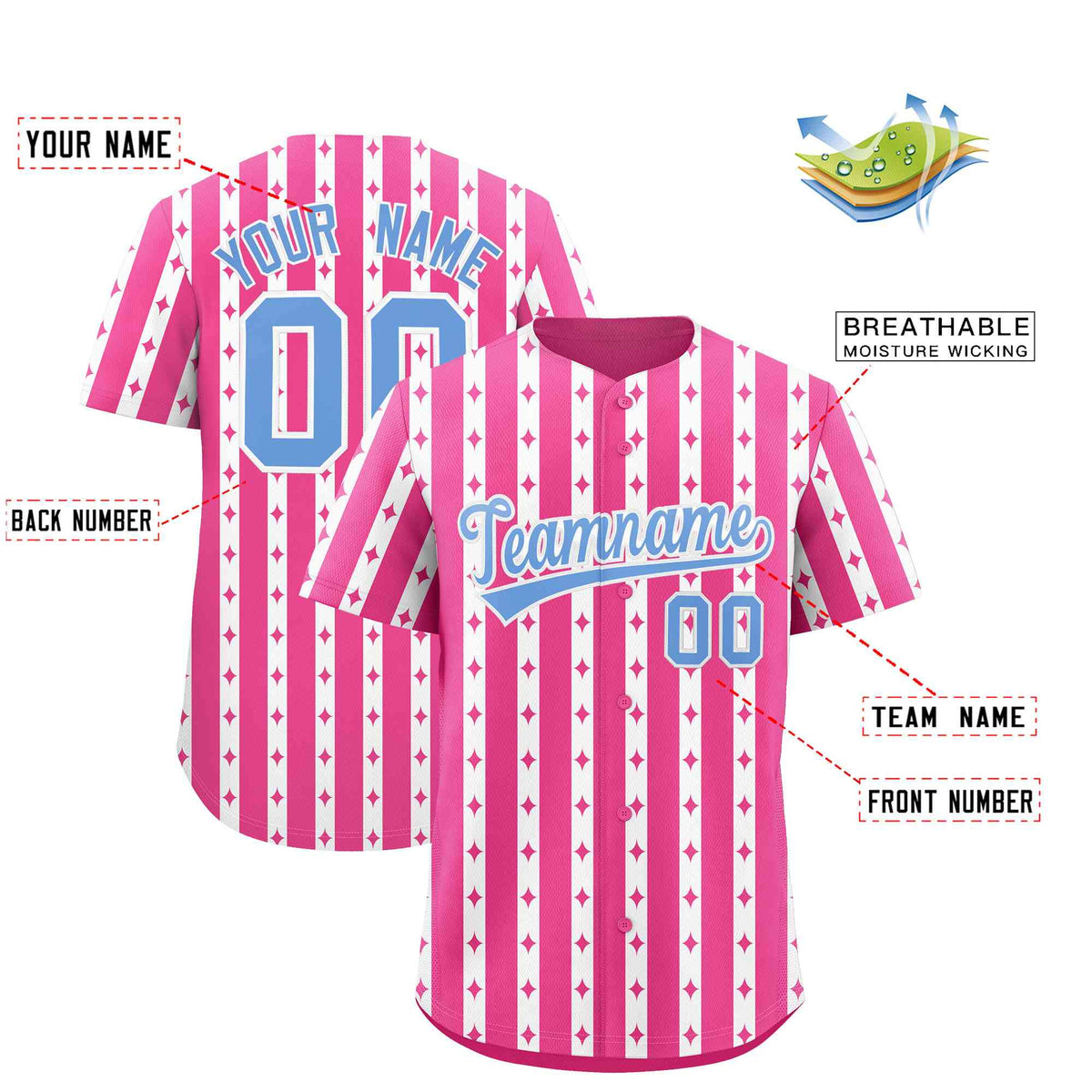 Custom Pink White Star Pattern Thick Stripes Baseball Jersey| KXKSHOP