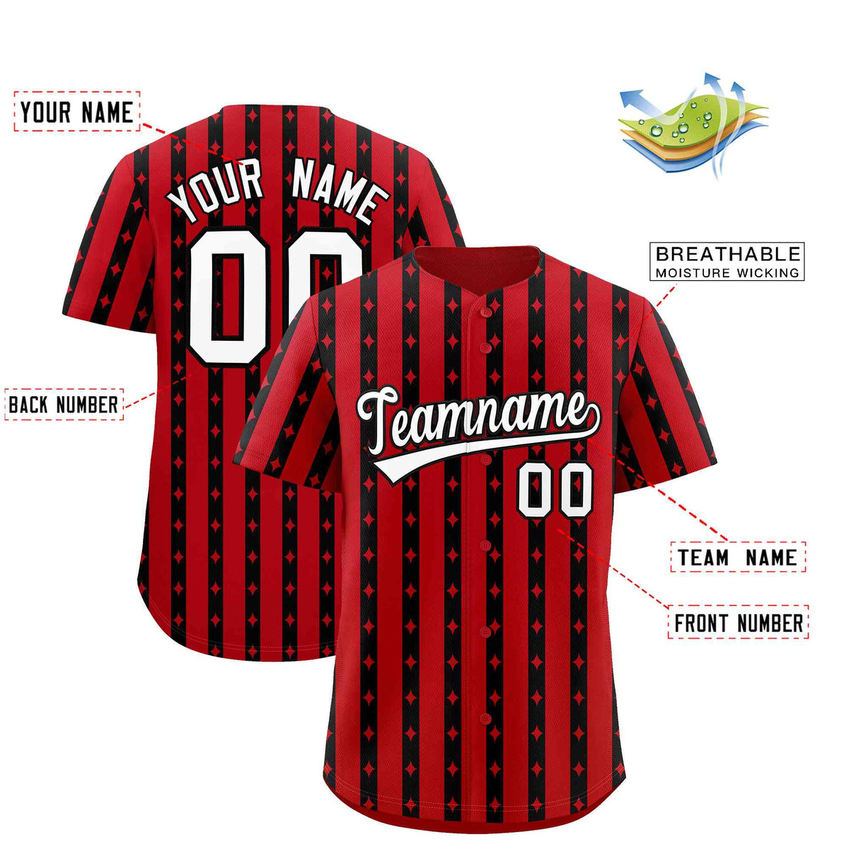 Custom Red Black Star Pattern Thick Stripes Baseball Jersey| KXKSHOP