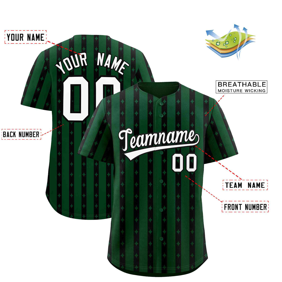 Custom Green Black Star Pattern Thick Stripes Baseball Jersey| KXKSHOP