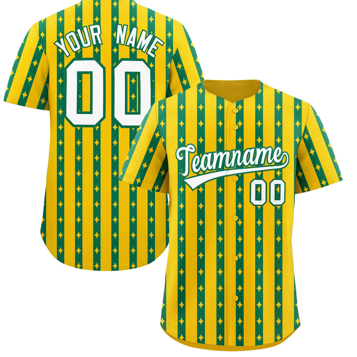 Custom Gold Kelly Green Star Pattern Thick Stripes Baseball Jersey| KXKSHOP