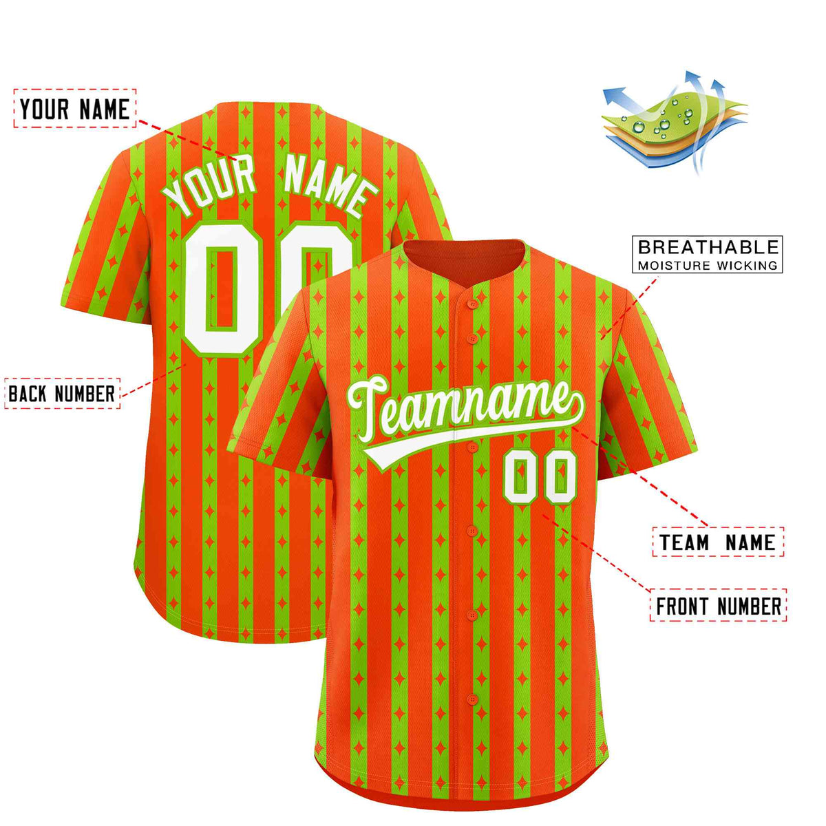 Custom Orange Neon Green Star Pattern Thick Stripes Baseball Jersey| KXKSHOP