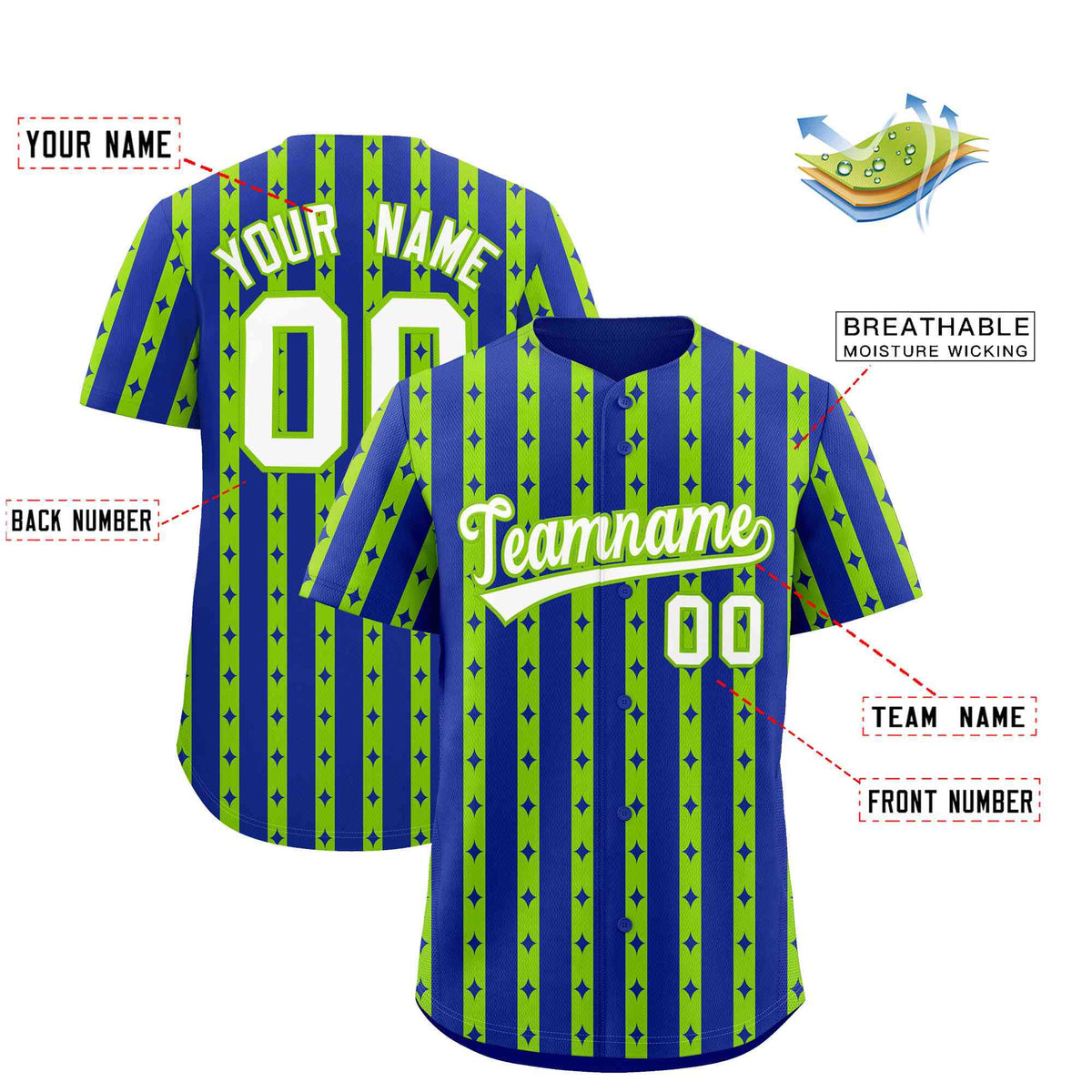 Custom Royal Blue Neon Green Star Pattern Thick Stripes Baseball Jersey| KXKSHOP