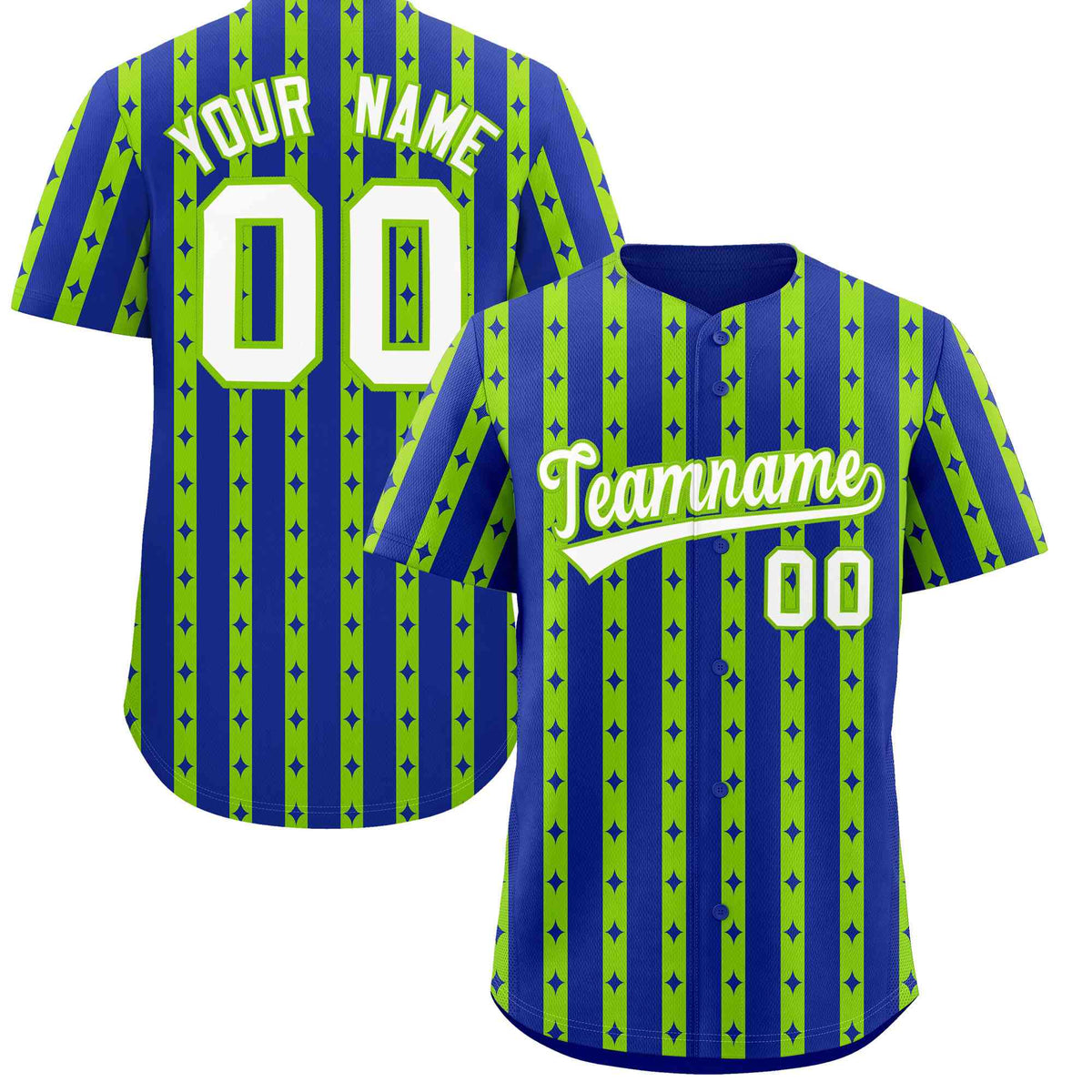 Custom Royal Blue Neon Green Star Pattern Thick Stripes Baseball Jersey| KXKSHOP