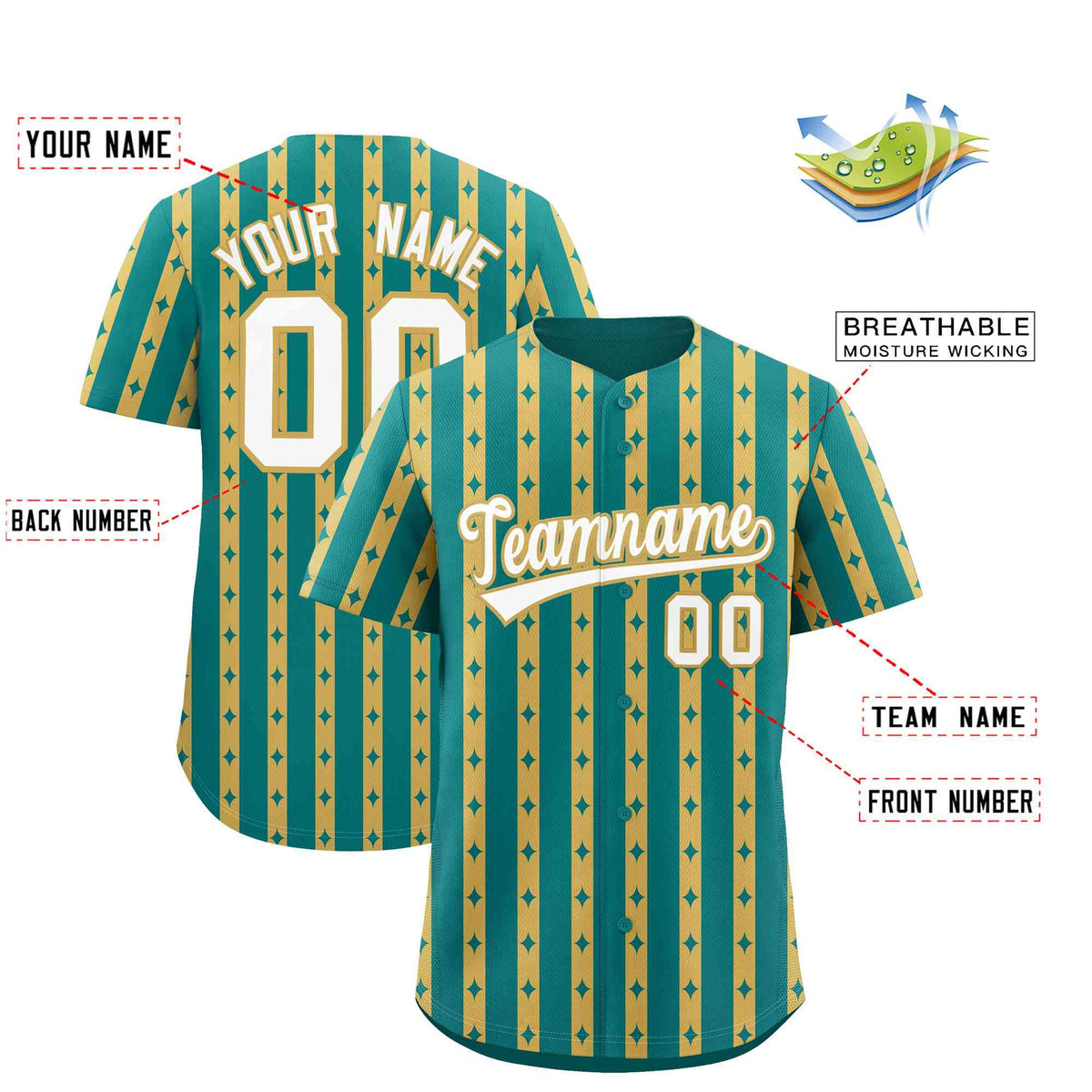 Custom Teal Old Gold Star Pattern Thick Stripes Baseball Jersey| KXKSHOP