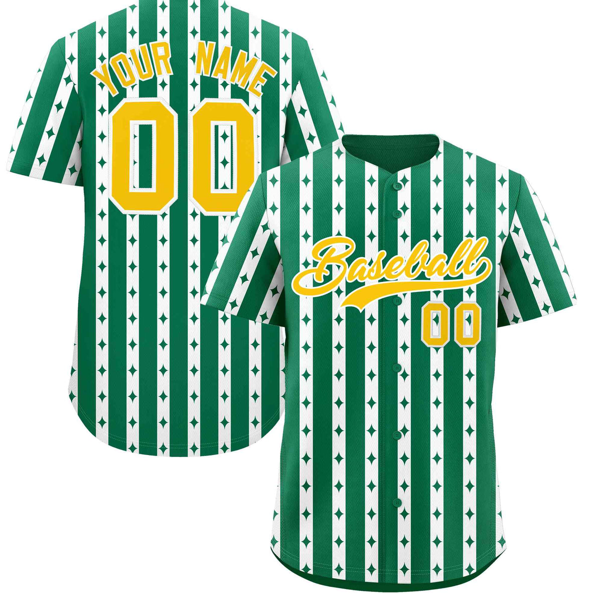 Custom Kelly Green White Star Pattern Thick Stripes Baseball Jersey