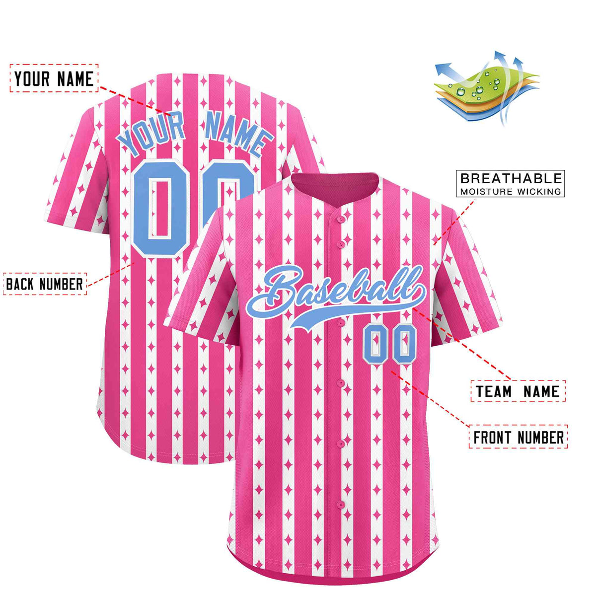 Custom Pink White Star Pattern Thick Stripes Baseball Jersey