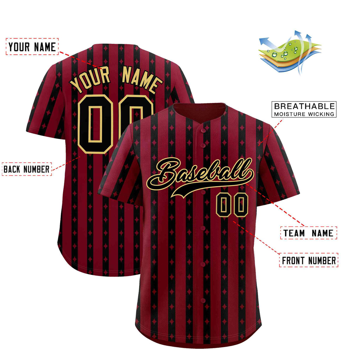 Custom Crimson Black Star Pattern Thick Stripes Baseball Jersey