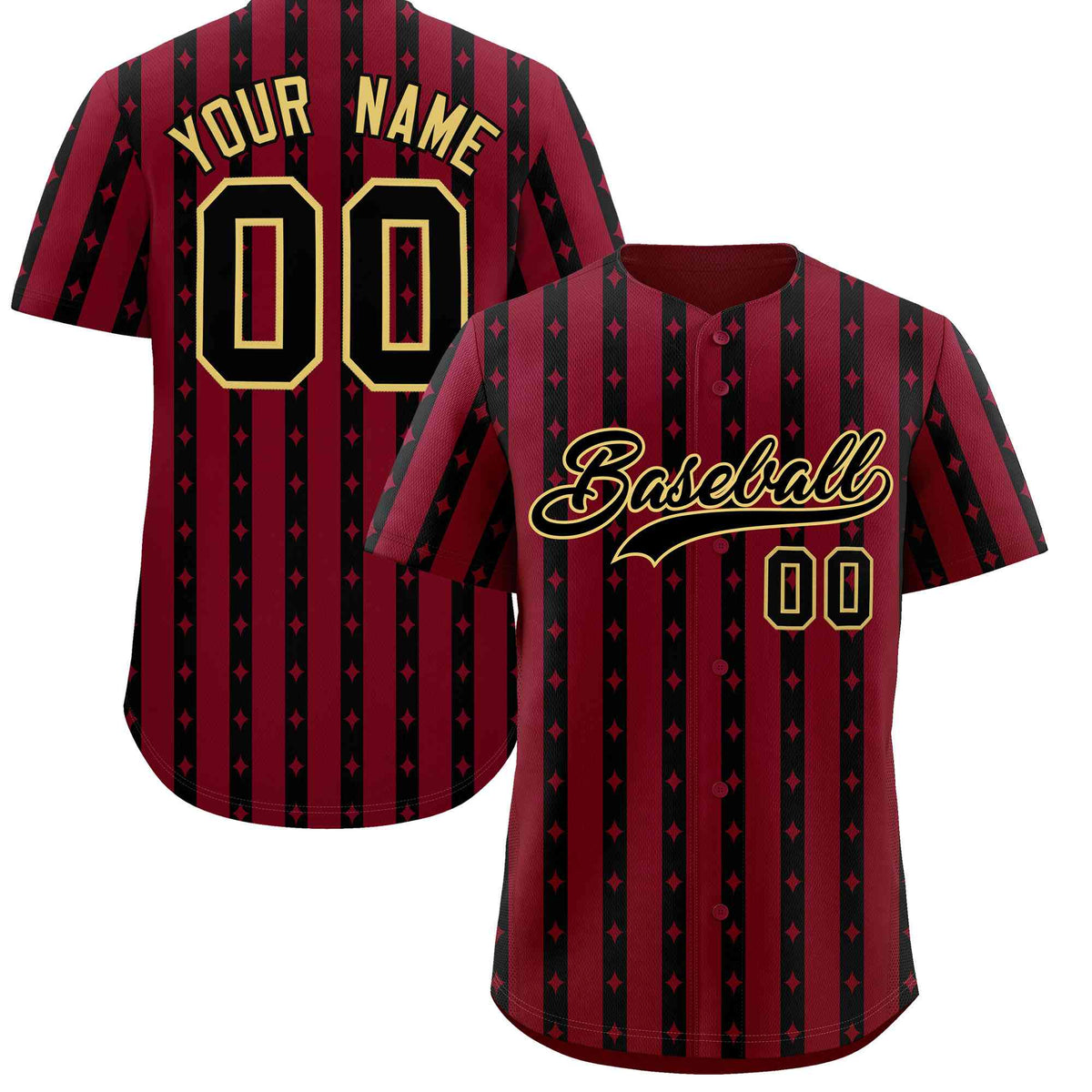 Custom Crimson Black Star Pattern Thick Stripes Baseball Jersey