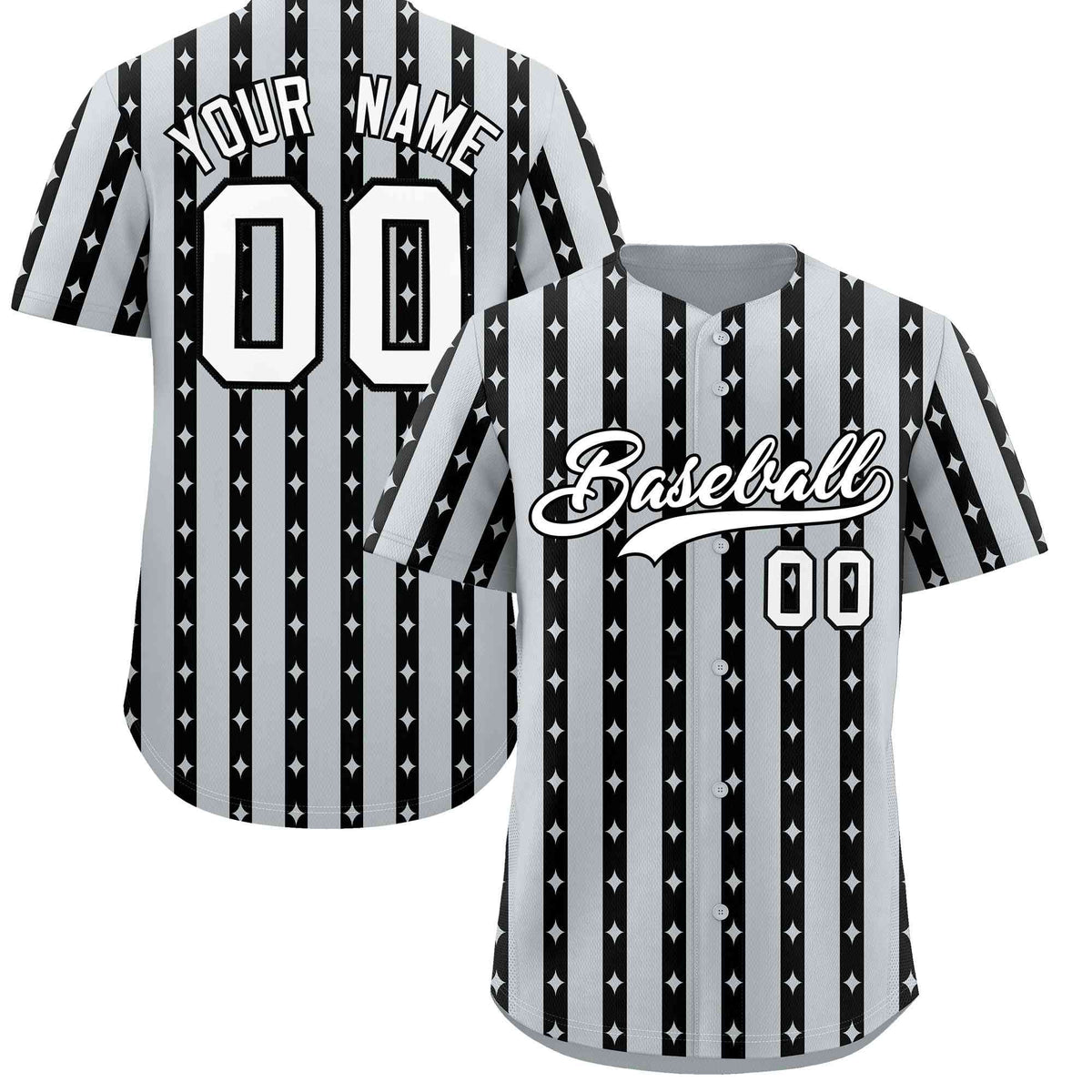 Custom Silver Black Star Pattern Thick Stripes Baseball Jersey