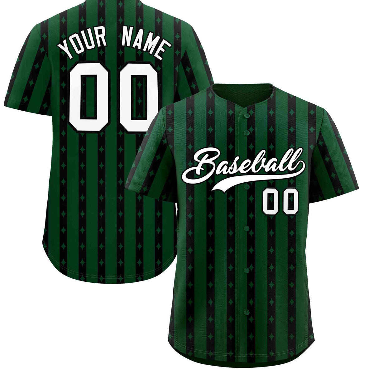 Custom Green Black Star Pattern Thick Stripes Baseball Jersey