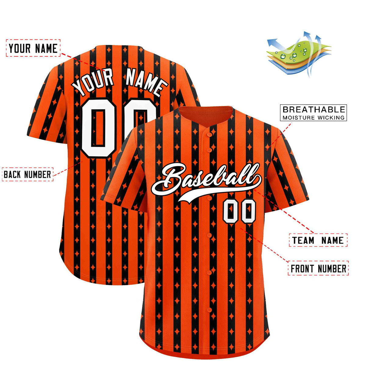 Custom Orange Black Star Pattern Thick Stripes Baseball Jersey