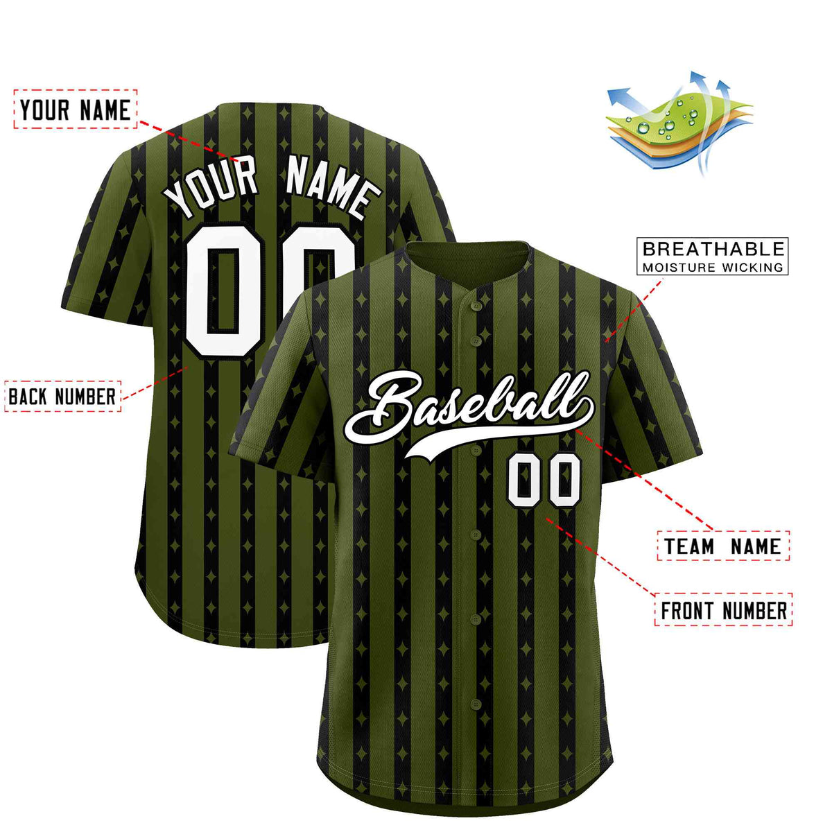 Custom Olive Black Star Pattern Thick Stripes Baseball Jersey
