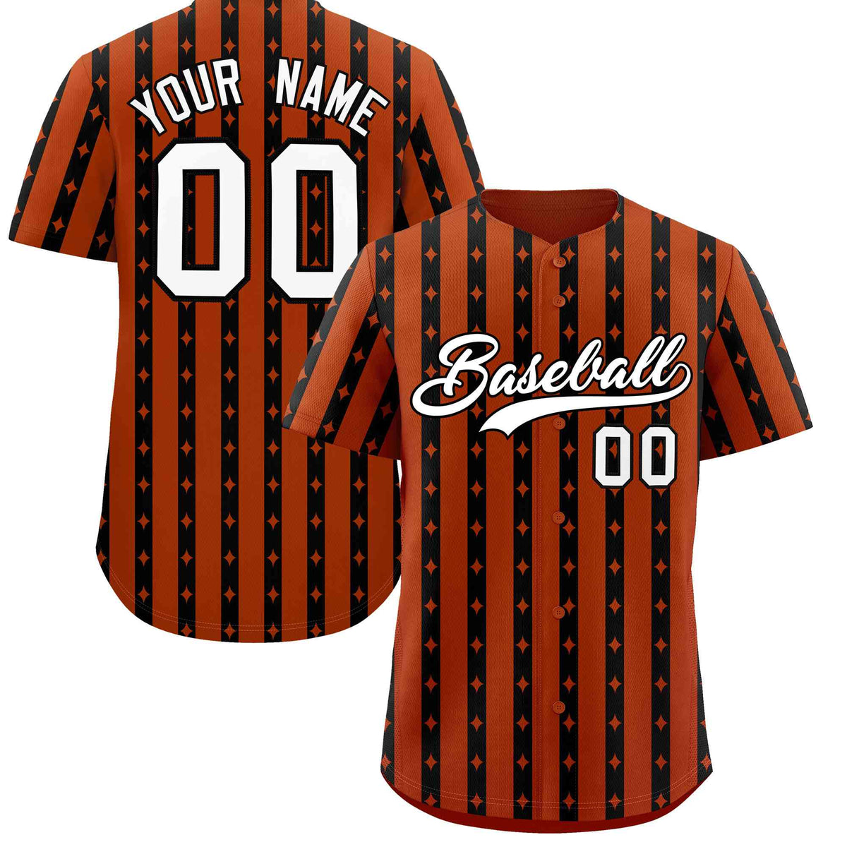 Custom Dark Orange Black Star Pattern Thick Stripes Baseball Jersey