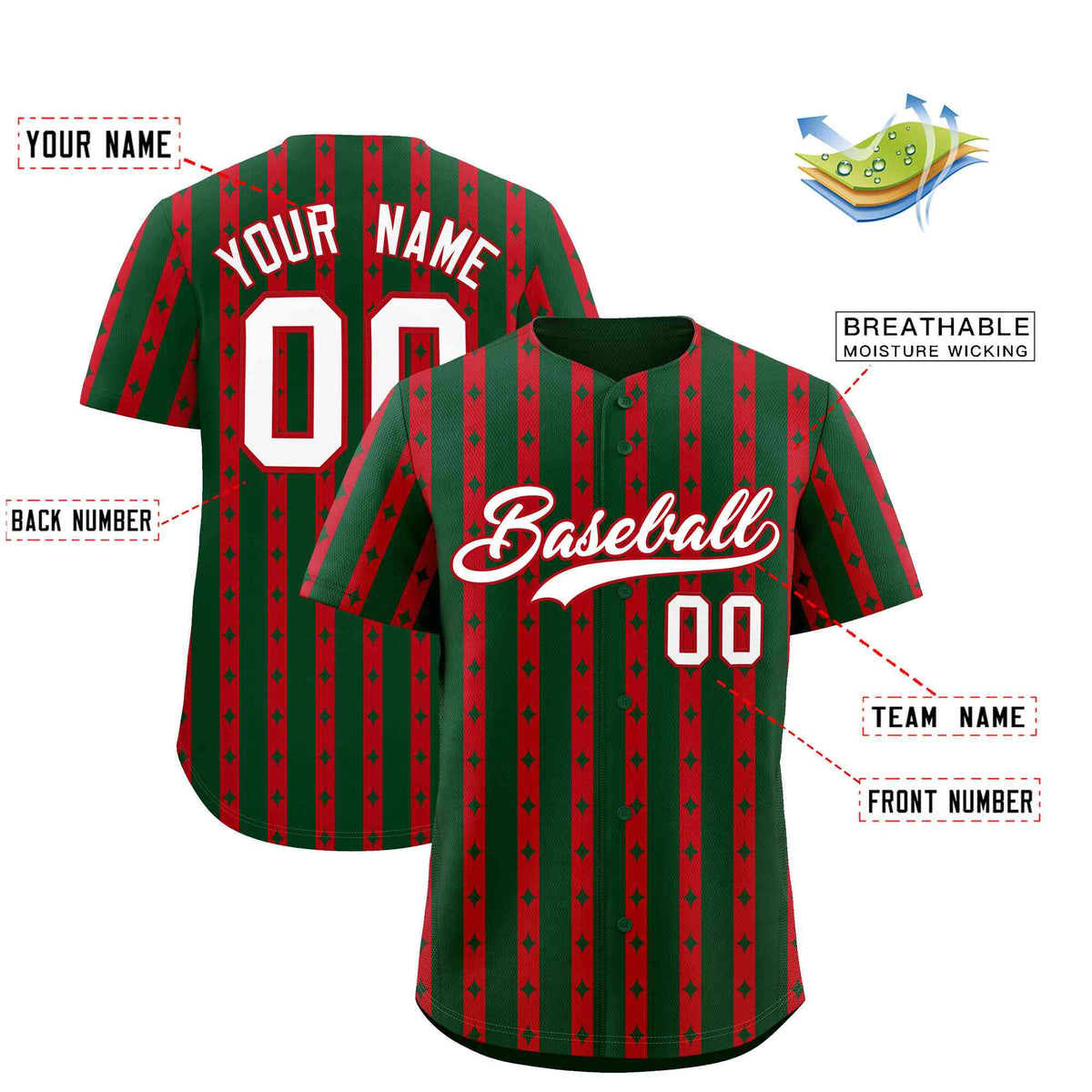 Custom Green Red Star Pattern Thick Stripes Baseball Jersey